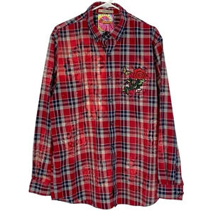 Handmade Boho Flannel Shirt Size Large XL Plaid Embroidered Floral Bleached Red
